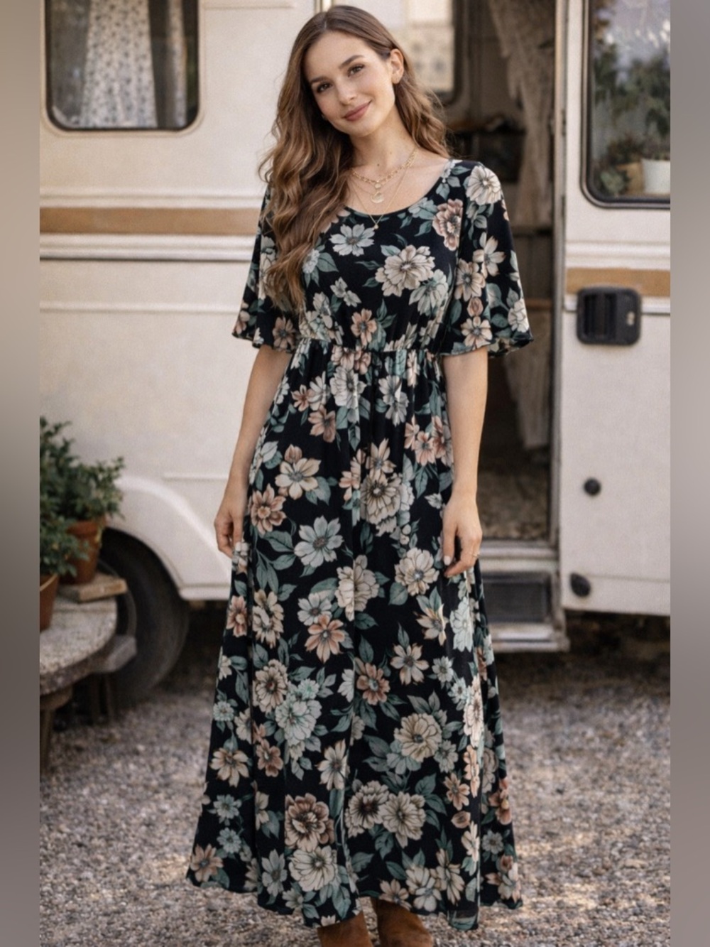 Moody Floral Maxi Dress Cottagecore Soft Grunge Flutter Sleeve Black S